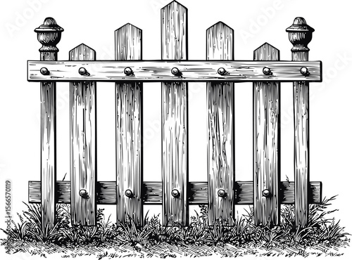 Wooden picket fence with decorative tops and grass in black and white drawing
