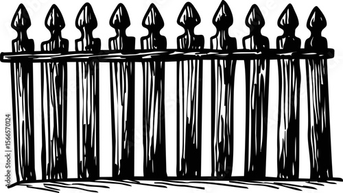 Black and white illustration of a wooden picket fence with sharp pointed tops