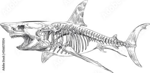 Detailed illustration of a shark skeleton with fierce expression in black and white