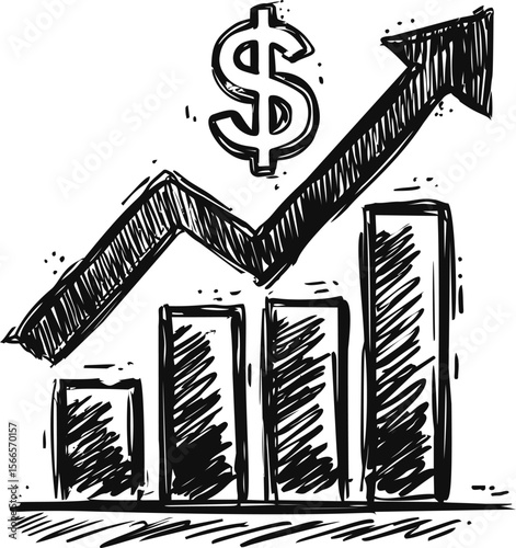 Graph with rising bar chart and dollar sign illustrating financial growth