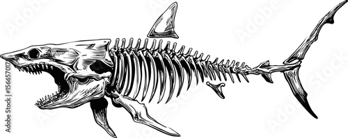 Skeleton of a shark drawn in black lines, intricate and detailed