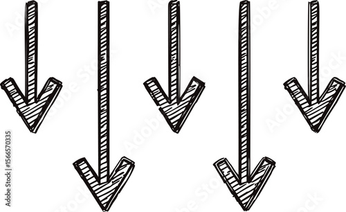 Hand-drawn sketch of five black and white downward arrows with thick lines