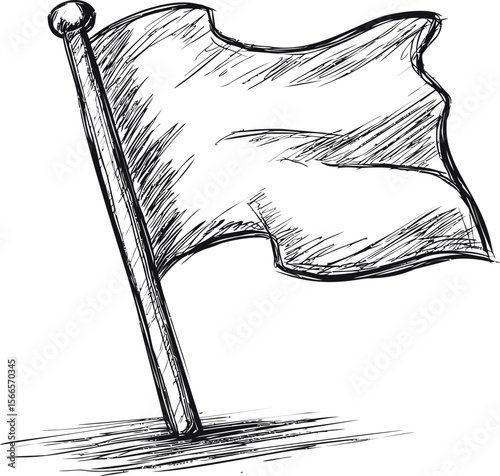 Sketch of a waving flag on a pole, black and white hand-drawn illustration