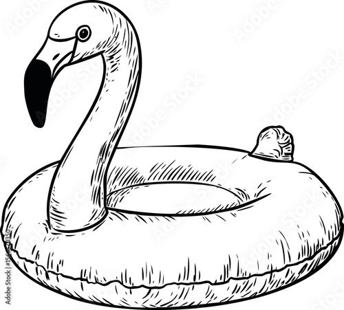 Flamingo-shaped inflatable pool float in black and white sketch