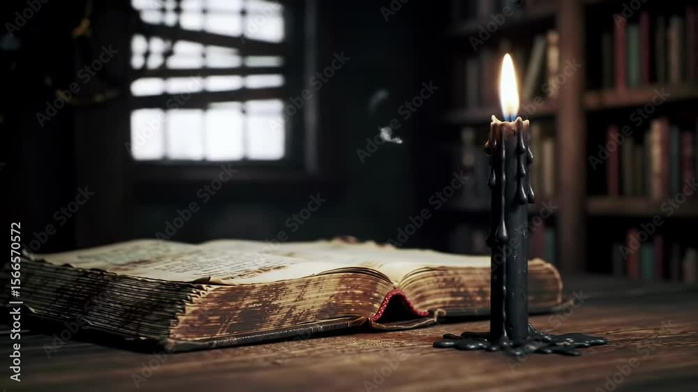 Spooky black candle and vintage book on halloween night in dark room. concept of eerie candlelight, halloween mystery, atmospheric haunted ambiance