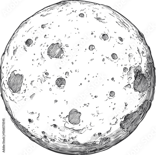 Hand drawn illustration of the moon with craters in black and white sketch style