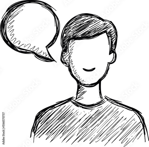 Sketch of a smiling faceless person with speech bubble, ink drawing style