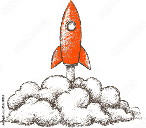 Orange rocket launching amid clouds in sketch style illustration