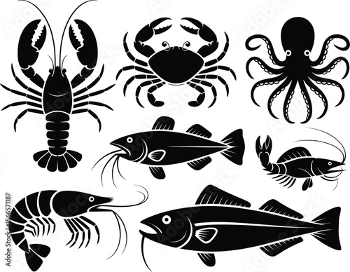 Black and white illustration featuring a grid of marine life silhouettes.