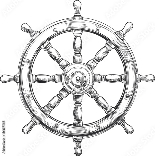 Detailed sketch of a wooden ship wheel with eight handles, nautical design