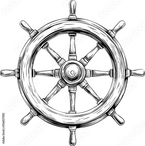 Detailed monochrome sketch of a classic ship's wheel, nautical illustration