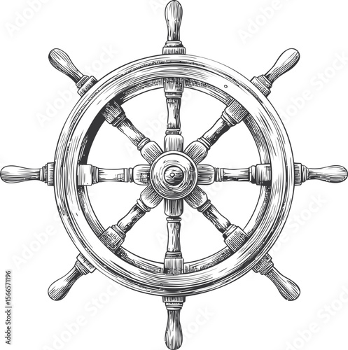 Vintage ship steering wheel in detailed black ink illustration