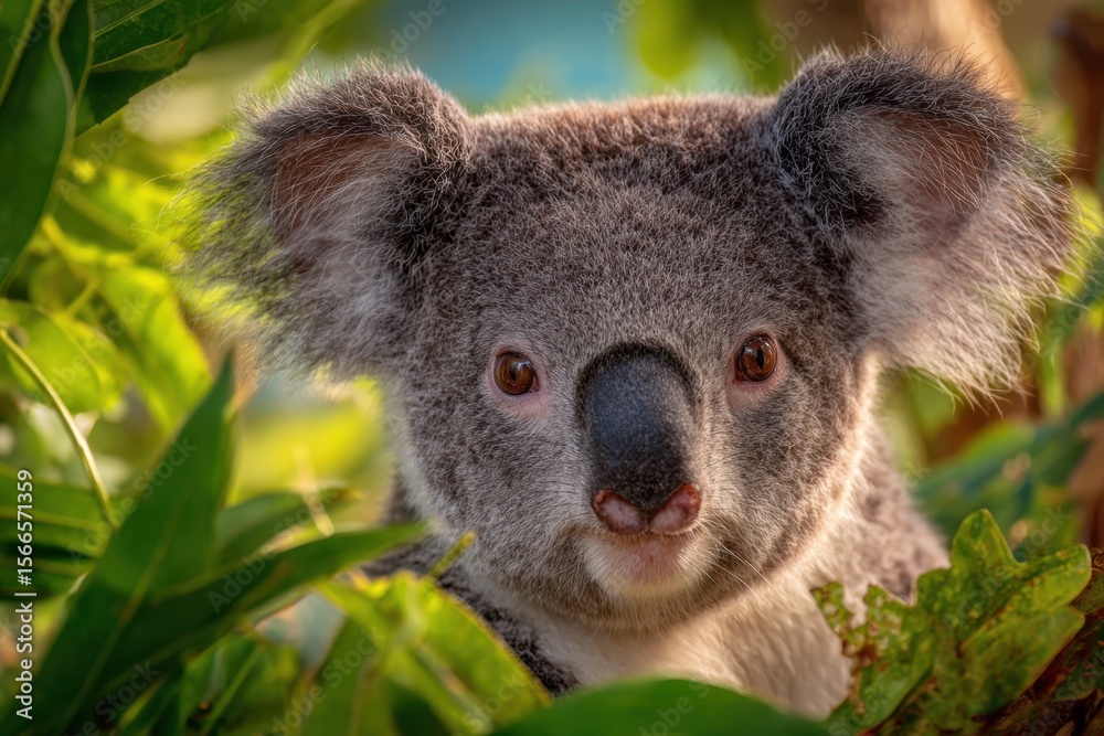 Naklejka premium Peeking through the verdant canopy, a young koala gazes with curiosity and wonder
