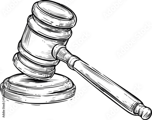 Wooden judge's gavel and block in detailed black and white illustration