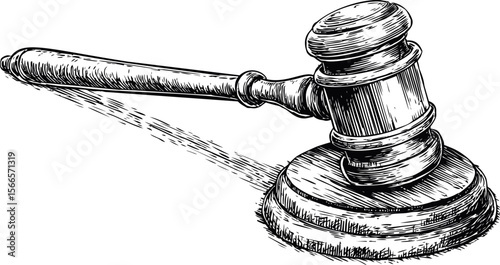 Illustration of a judge's gavel and sound block in black and white sketch style