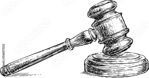 Sketch of a judge's gavel with detailed wood texture, symbol of justice