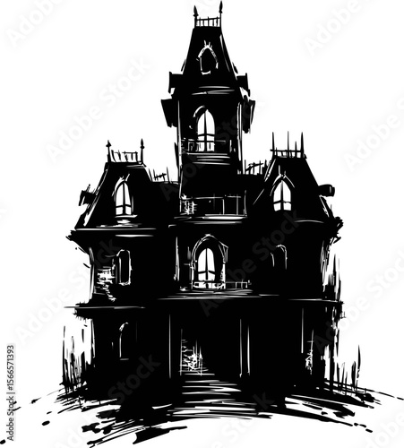 Gothic haunted house silhouette with eerie details, black ink illustration