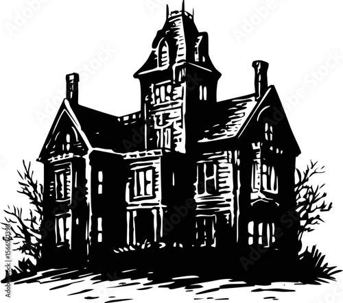Haunted victorian mansion silhouette with eerie atmosphere at night