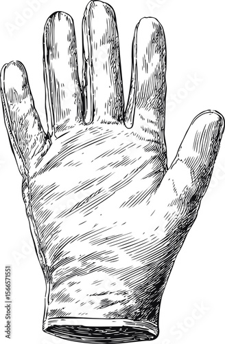 Detailed black and white drawing of a rubber glove
