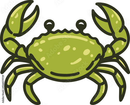Cartoon green crab with claws raised in vector style