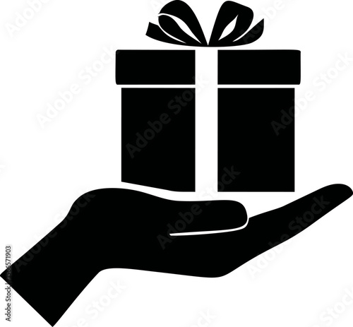 Hand holding a gift box with ribbon in silhouette style, symbolic gesture of giving