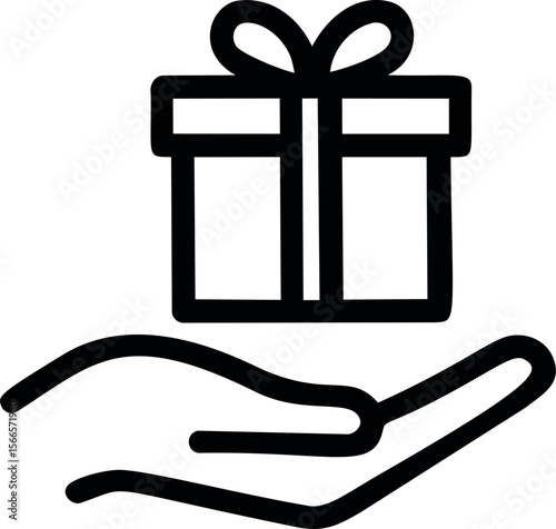 Simple line icon of a hand offering a gift wrapped with a bow