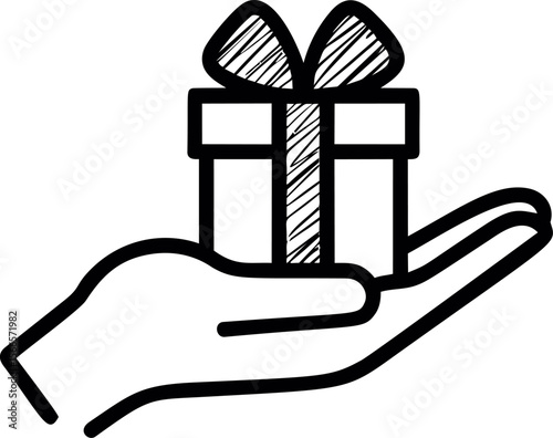 Hand presenting a wrapped gift box with a bow, black and white illustration