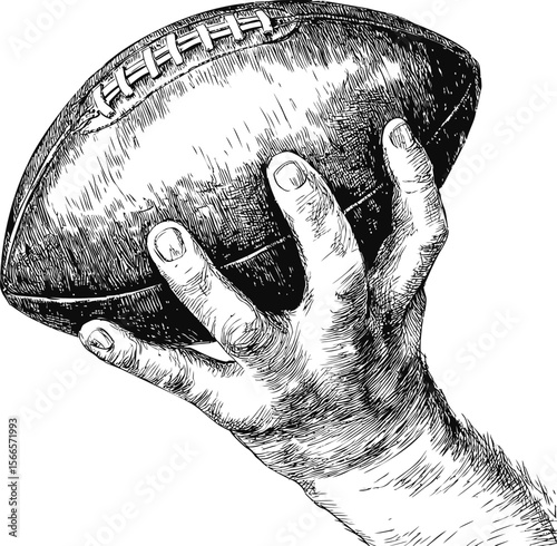 Detailed sketch of hand gripping an American football with laces visible