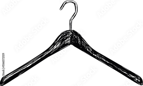 Black and white illustration of a classic wooden coat hanger, sketch art