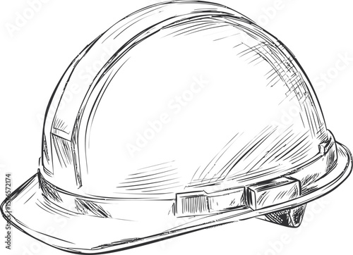 Detailed sketch of a construction helmet in black and white illustration style