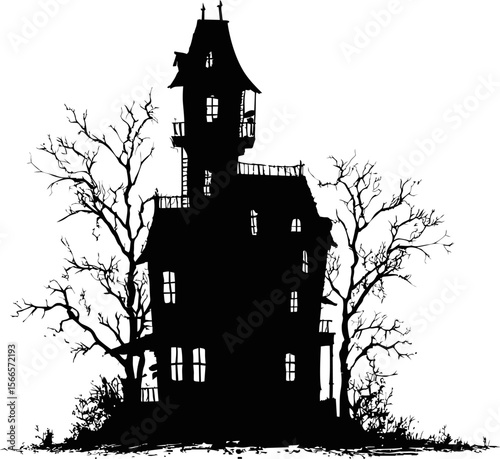 Silhouette of a spooky haunted house with bare trees in a ghostly atmosphere