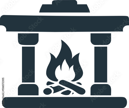 Silhouette of a traditional fireplace with a burning firewood stack icon