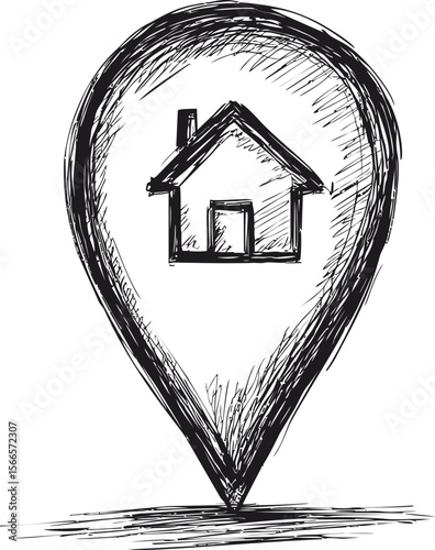 Black and white sketch of a house inside a map pin, concept of location