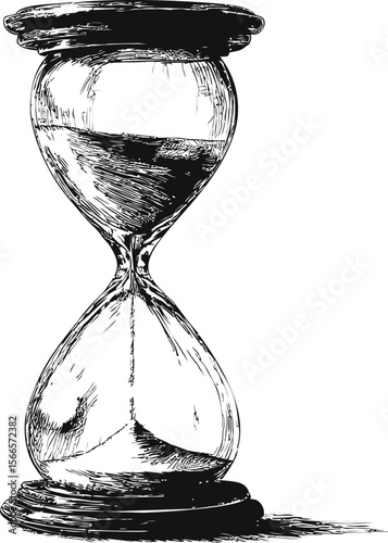 Illustration of a detailed vintage hourglass with flowing sand on white