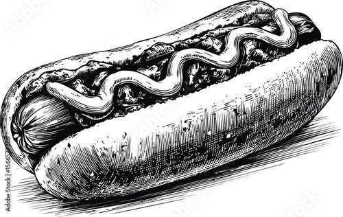 Detailed vintage black and white illustration of a hot dog with mustard
