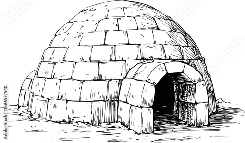 Black and white sketch of an igloo with detailed brick patterns