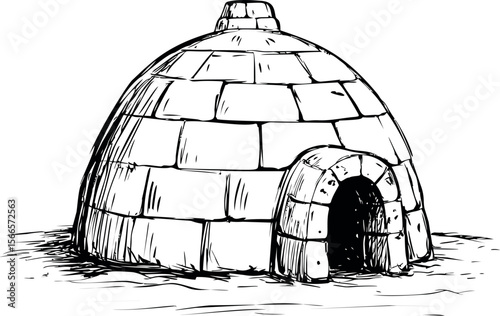 Black and white illustration of a traditional igloo with entrance, snow shelter