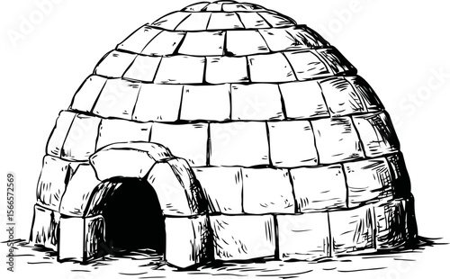 Black and white sketch of a traditional igloo with snow bricks