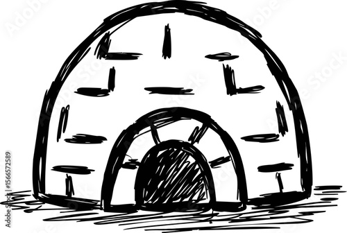 Black and white sketch of an igloo with brick details and arched entrance