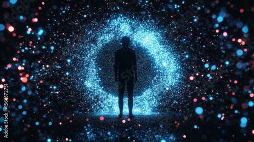 Person Surrounded by Colorful Particles in Dreamlike Cosmic Space