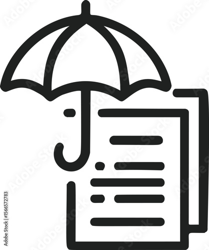 Black line icon of insurance document under an umbrella symbolizing protection