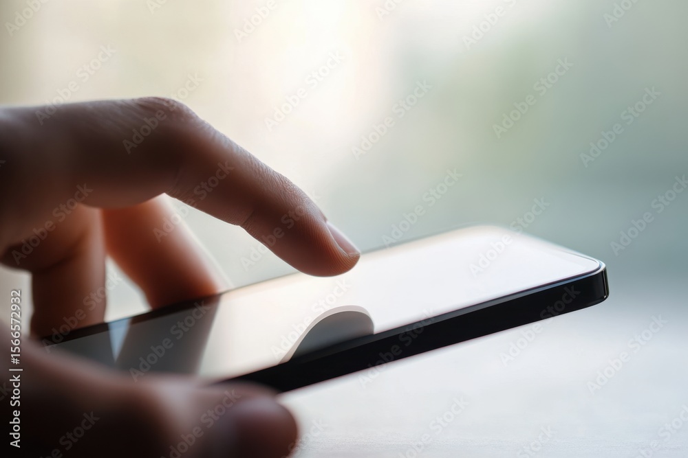 A person is holding a cell phone and pointing at the screen. Mobile phone mockup screen in perspective view. A person is holding a cell phone and pointing at the screen. Mobile phone mockup screen in perspective view.