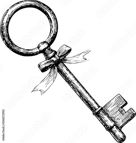 Vintage skeleton key with ribbon bow in detailed black and white illustration