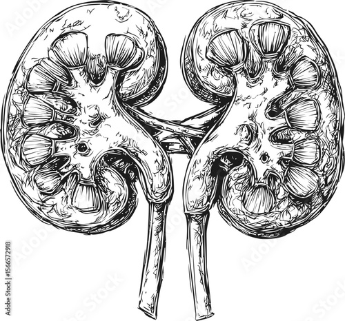 Black and white sketch of human kidneys showing intricate details