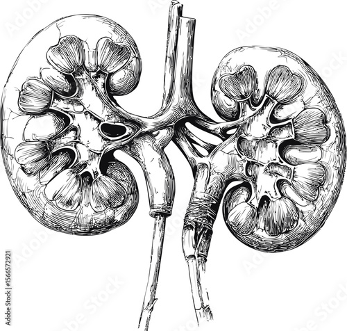 Detailed black and white anatomical illustration of human kidneys