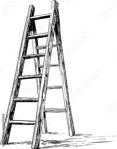 Wooden stepladder in black and white sketch style