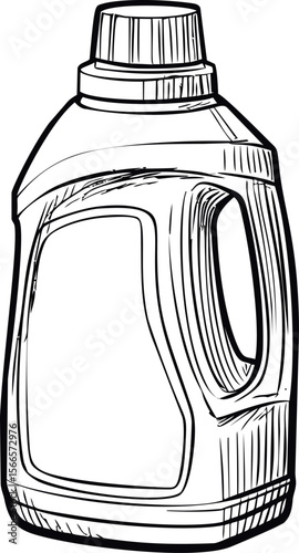 Black and white illustration of a detergent bottle with intricate details
