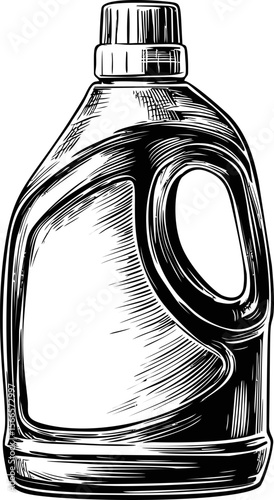 Black and white illustration of a detergent bottle with handle sketch