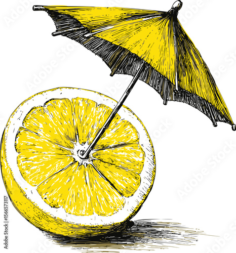 Illustration of a halved lemon with yellow parasol in a sketch style