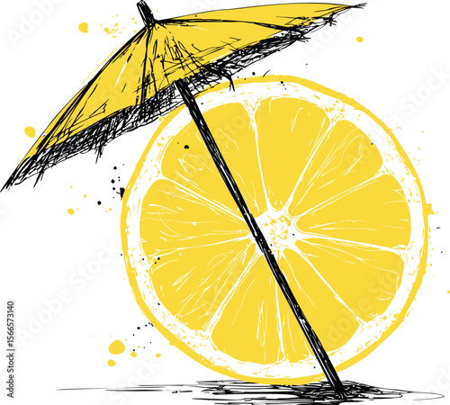 Yellow parasol sketch leaning on vibrant lemon slice with ink splashes